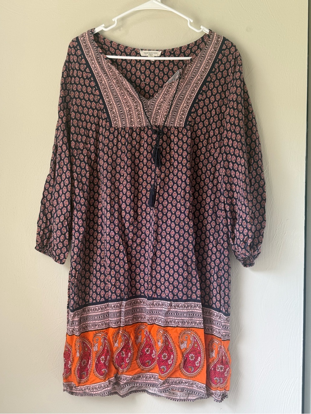Beach Lunch Lounge Boho Paisley-Trim Tunic Dress in Black and Orange